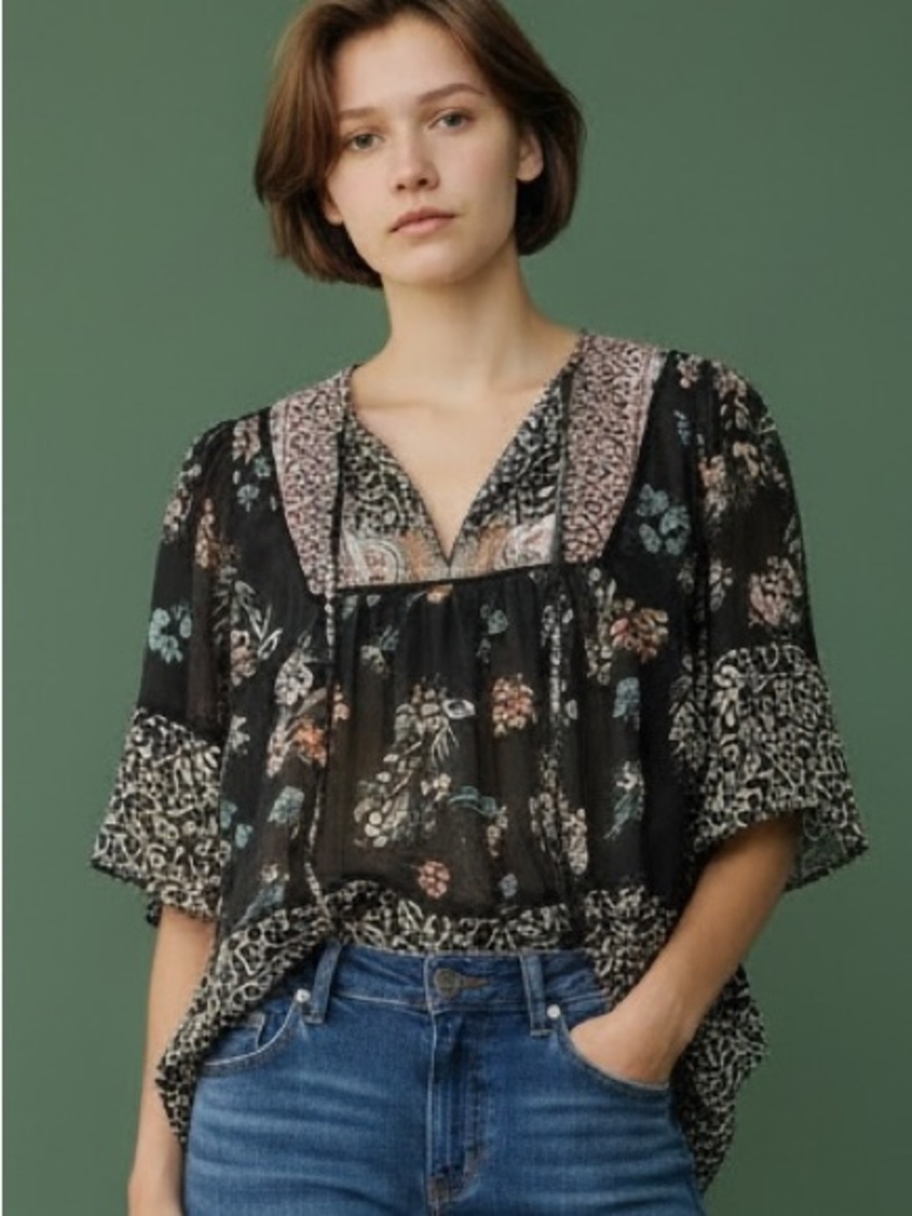 ❤️ Knox Rose Hippie Boho Chiffon Tie Front Floral Tunic